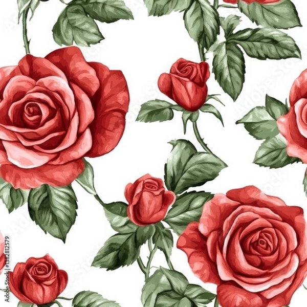 Fototapeta Seamless Red Rose Pattern Botanical Illustration