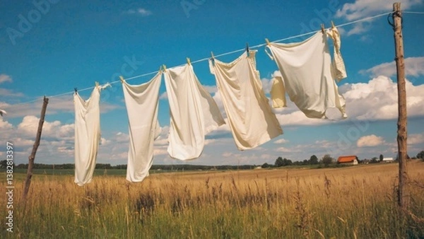 Fototapeta A clothesline with white sheets hanging in a rural setting, suggesting a laundry day during sunny weather.