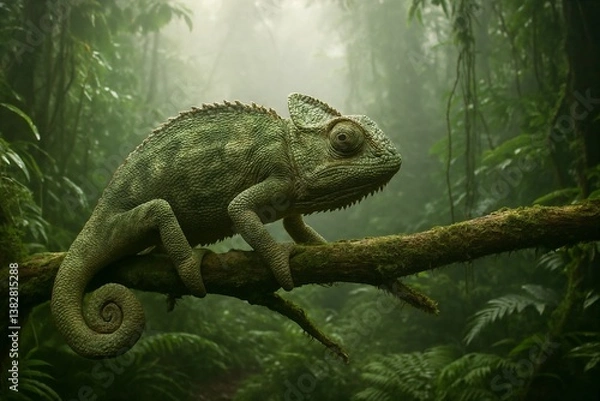 Obraz Green Chameleon Blending into Jungle Environment