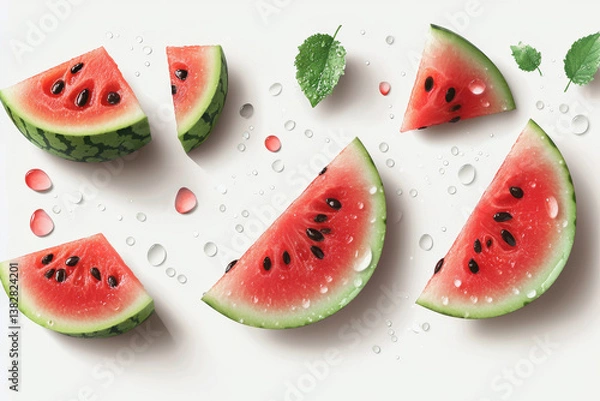 Fototapeta Isolated juicy watermelon slices with bright red flesh on a white background food photography fresh produce minimalist environment close-up viewpoint