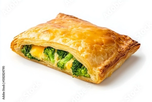 Obraz A flaky puff pastry with a melted cheddar cheese and broccoli filling isolated on a white background
