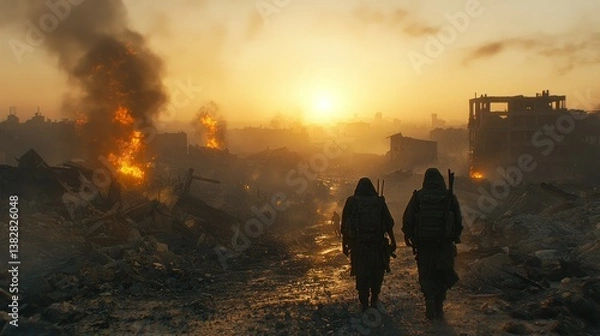 Fototapeta Two figures walk through a destroyed city at sunrise, amidst fire and rubble.  A scene of devastation and survival