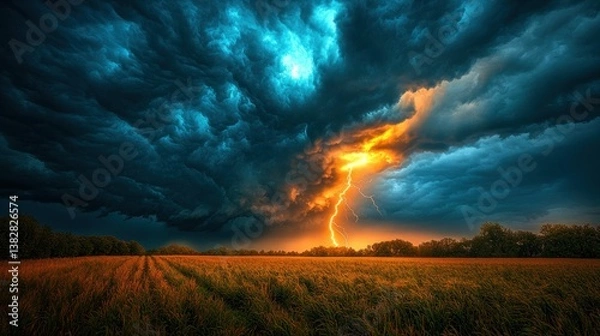 Obraz Dramatic lightning storm over a field at sunset