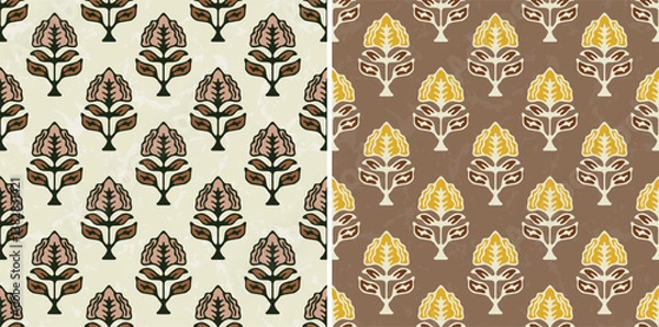 Fototapeta Ethnic Retro Leaf Block Print Repeat Vector Traditional Pattern
