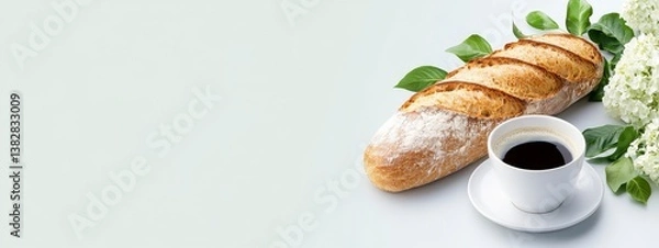 Obraz Coconut Dusted Bread and Dark Coffee with Hydrangeas