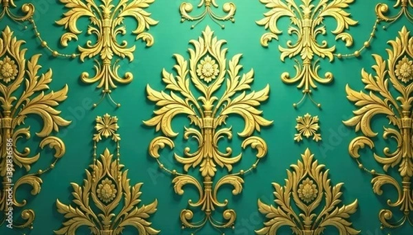 Obraz Intricate floral damask pattern in muted golds and greens , flowers, floral, vintage