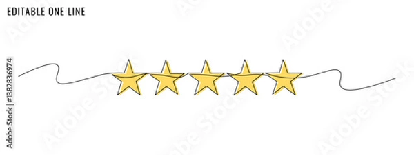 Fototapeta One continuous line drawing of five stars. A rating, quality and customer review concept. Editable stroke, simple doodle design, vector illustration