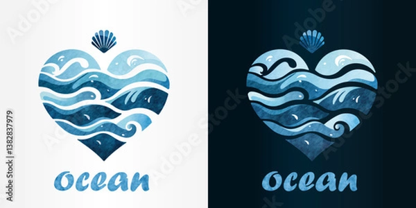 Fototapeta Ocean style logo in the form of a heart made up of waves with a shell above it