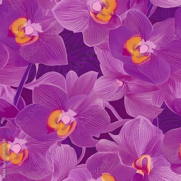 Obraz Vibrant Seamless Pattern of Purple Orchids with Yellow Accents on a Deep Purple Background