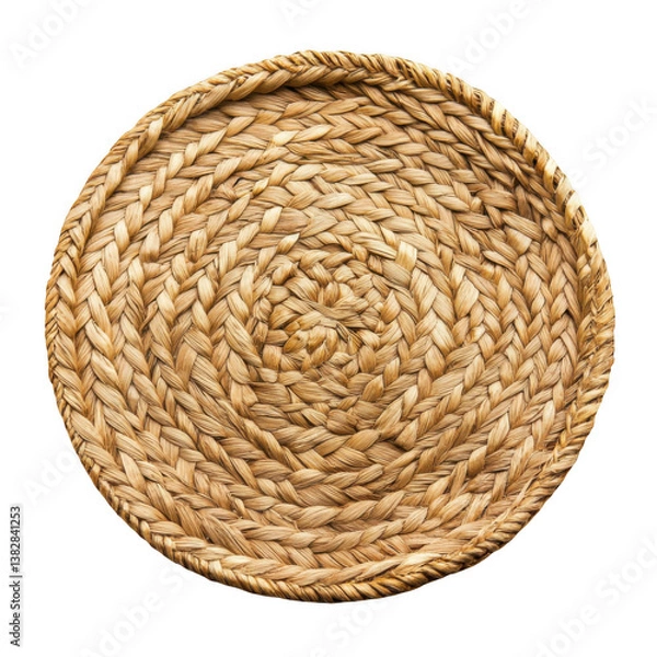 Fototapeta Close up of a round woven straw mat with a spiral pattern on a white background in bright studio light