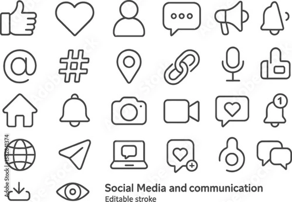Fototapeta Vector illustration of line icons representing social media and communication concepts for digital interaction and engagement