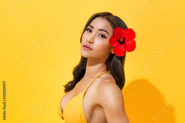 Fototapeta Summer portrait of beautiful exotic Asian woman with red flower behind ear on yellow color isolated background with copy space, studio shot