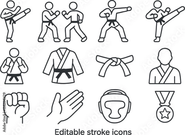 Obraz Martial arts vector illustration icons depicting various activities, gear, and poses by practitioners engaged in training and competition