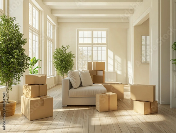 Fototapeta Moving concept. Packed boxes stacked in a big pile, symbolizing moving to a new home.