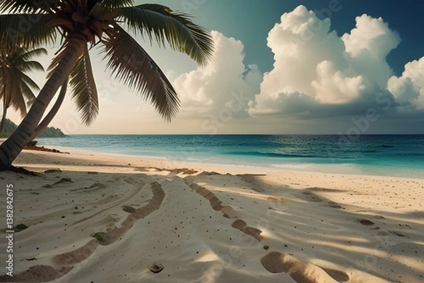 Fototapeta Tropical summer sand beach and palm on sea sky background, copy space. Summer vacation and travel concept from AI Generative