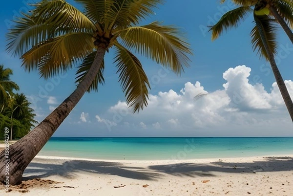 Fototapeta Tropical summer sand beach and palm on sea sky background, copy space. Summer vacation and travel concept from AI Generative