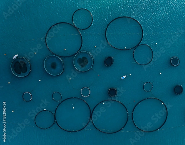Obraz Tuna rungs in Mediterranean sea. Tuna fish farm, drone top view 