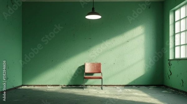 Fototapeta A minimalistic room featuring a single red chair, green walls, and a window casting shadows, evoking feelings of solitude and contemplation.