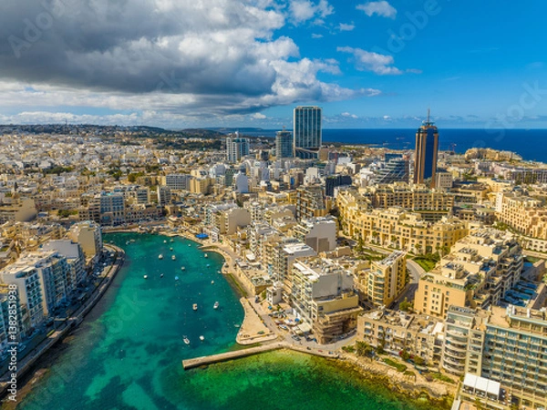 Obraz Drone aerial view of St. Julian's city, coast road, waterfront, buildings. Malta island
