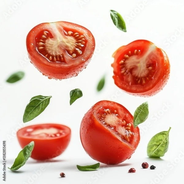 Fototapeta Fresh halved tomatoes and basil leaves in dynamic mid air arrangement on a clean white background creating a vibrant food still life