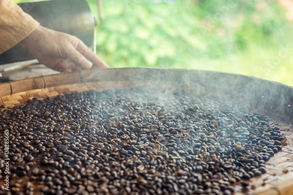 Fototapeta coffee beans fresh roast with smoke