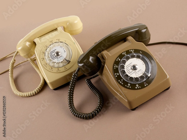 Obraz Vue aérienne de deux téléphones à cadran de couleur marron et beige avec câble et combiné, sur un fond ton sur ton.