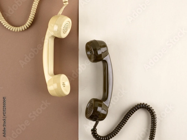 Obraz Deux combinés téléphoniques brun et beige à l'ancienne avec câble en face a face comme un duel, sur fond ton sur ton.