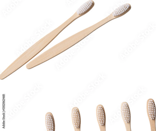 Fototapeta Set of ECO friendly wooden bamboo toothbrushes. Save the planet or NO plastic concept. Isolated on white background.