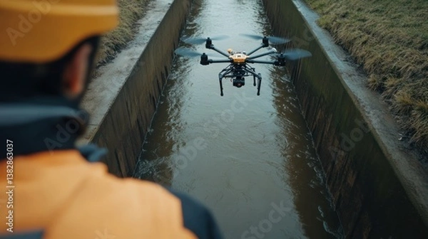 Obraz Operating Drone Over Water Channel for Inspection and Monitoring Purposes