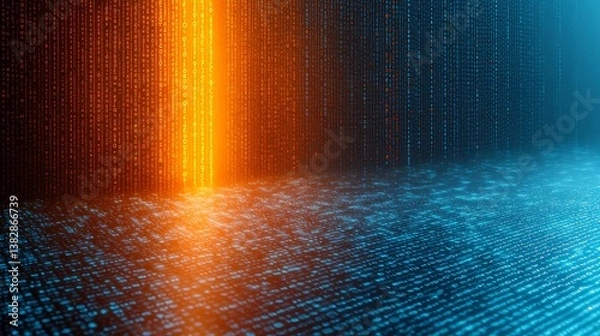 Obraz Abstract digital waterfall of lights in blue and orange tones cascading down like rain