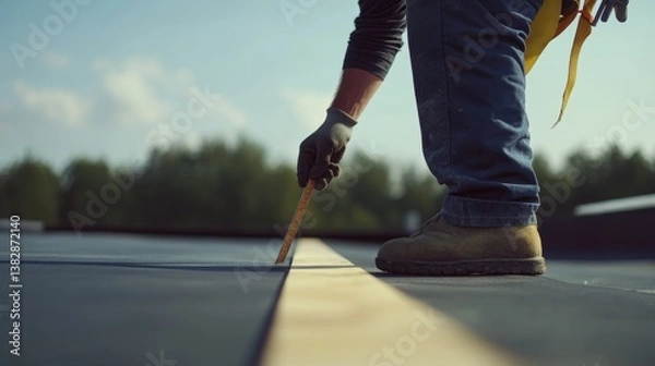 Obraz A construction worker measuring angles for roof construction at a building site. Featuring precision and planning