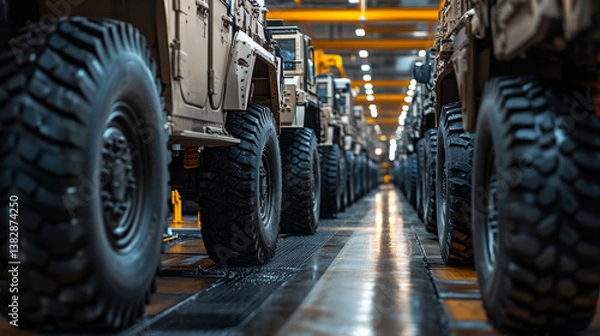 Fototapeta Rows of military vehicles are meticulously aligned within a large factory