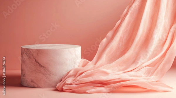 Fototapeta Marble cylindrical podium with flowing peach fabric. Elegant product display. Generative AI