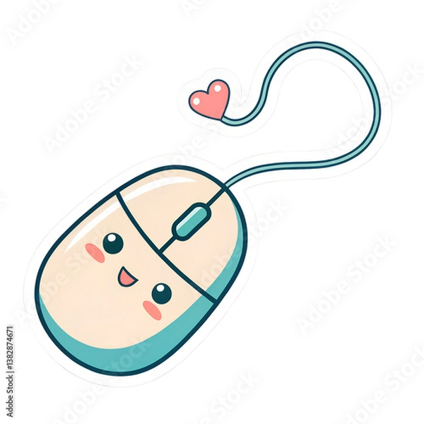Fototapeta Cute kawaii computer mouse with heart-shaped cord and happy face design