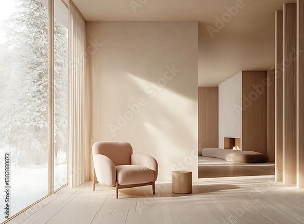 Obraz 3D rendering of an interior design mockup, a minimalistic living room with a light pink armchair  wall
