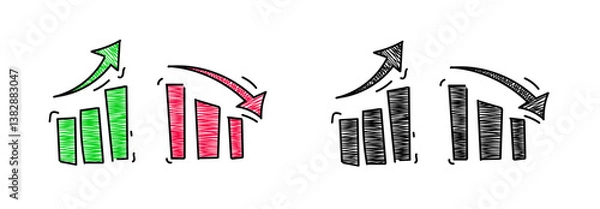 Fototapeta Doodle arrow up and down infographic. Cartoon infographic growth and decline icons. Hand drawn arrow up and down line and line style symbols. Stock vector illustration