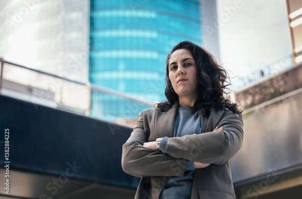Obraz Confident businesswoman crossing arms in modern city setting