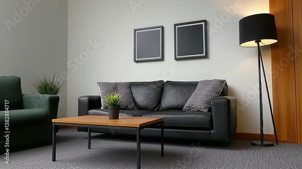Fototapeta Comfortable room with a couch, table, floor lamp, and two pictures on the wall. Relaxed atmosphere