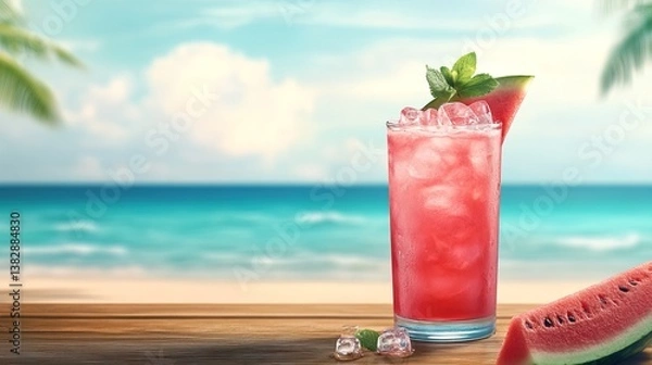 Fototapeta A chilled glass of watermelon lemonade with ice cubes and mint leaves, placed on a wooden table with a blurred beach background