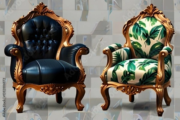 Fototapeta Luxury Blue Golden Armchair with Golden Wall and Plant on Table, using Generative Ai