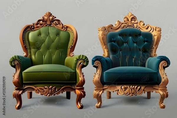 Fototapeta Luxury Blue Golden Armchair with Golden Wall and Plant on Table, using Generative Ai