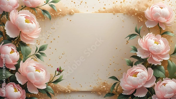 Obraz Luxury floral wedding invitation background with pink peonies and golden frame, elegant blank card template for multiple events, romantic vintage-style decorative border, soft pastel aesthetic design