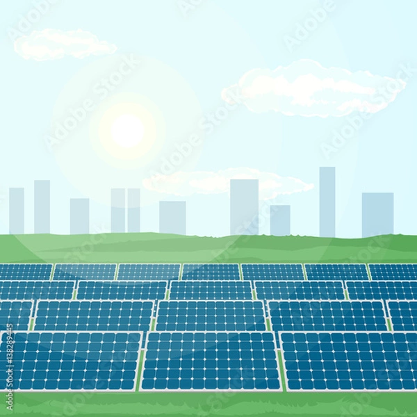 Fototapeta Many solar panels installed near city produce green energy from sun. Flat vector illustration of the production of clean renewable energy.