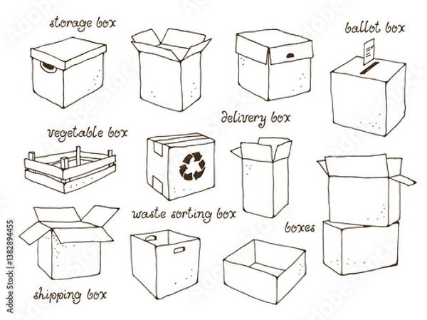 Fototapeta Boxes for different purposes in one vector set, hand drawn illustration