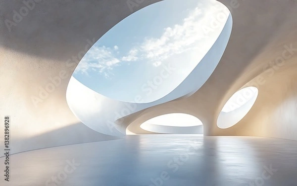 Fototapeta Abstract white and beige curved shapes in an interior space with a concrete floor and a blue sky background