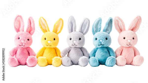 Obraz Colorful plush bunnies in a row for Easter, cut out transparent