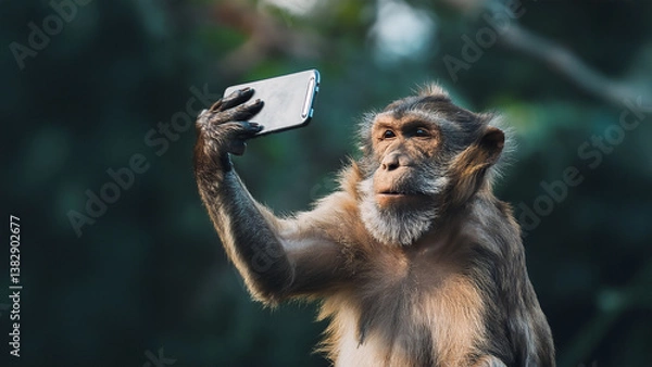 Fototapeta Monkey Using Smartphone in a Nature Setting Image