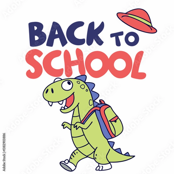 Obraz Back To School Illustration Cute Dinosaur With Backpack And Hat Vector Design