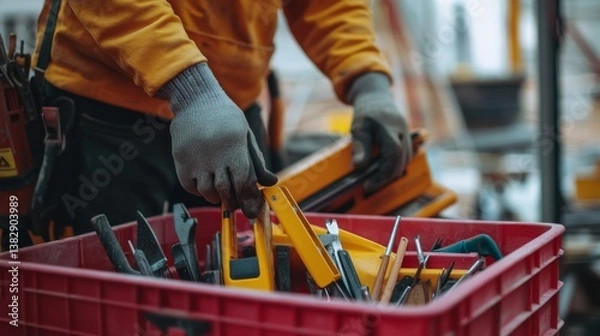 Obraz A construction worker organizing tools at a building site. Featuring efficiency and order
