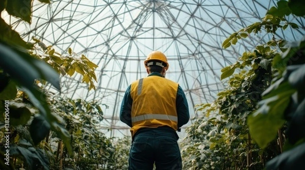 Fototapeta Worker Inspecting Plants in Greenhouse with Dome Structure Sunlight